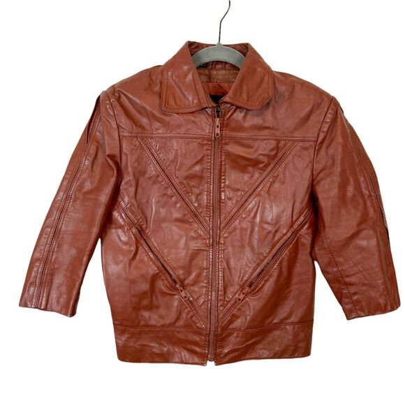 70s Hipster Leather Jacket Vintage Wilsons Womens Brown Genuine 3/4 Sleeve SZ 36 - Picture 3 of 15